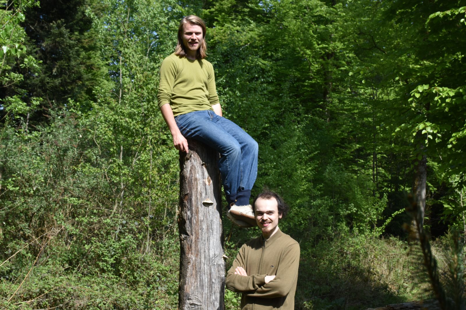 Die Leitungspersonen der Waldkinder Länggasse bei einem Baumstamm im Bremgartenwald in Bern